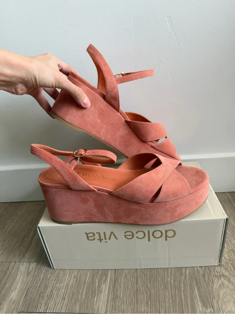 Stuart Weitzman Carmen Midi Wedge Sandals Terracotta Suede Size 9.5B